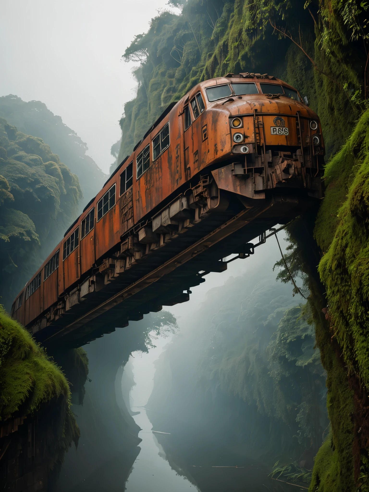 (RAW PHOTO), The rusted long train with the skull of a lion, in the Amazon jungle, on the highest cliff, Moss, fog, details, hyper-realistic, 16k