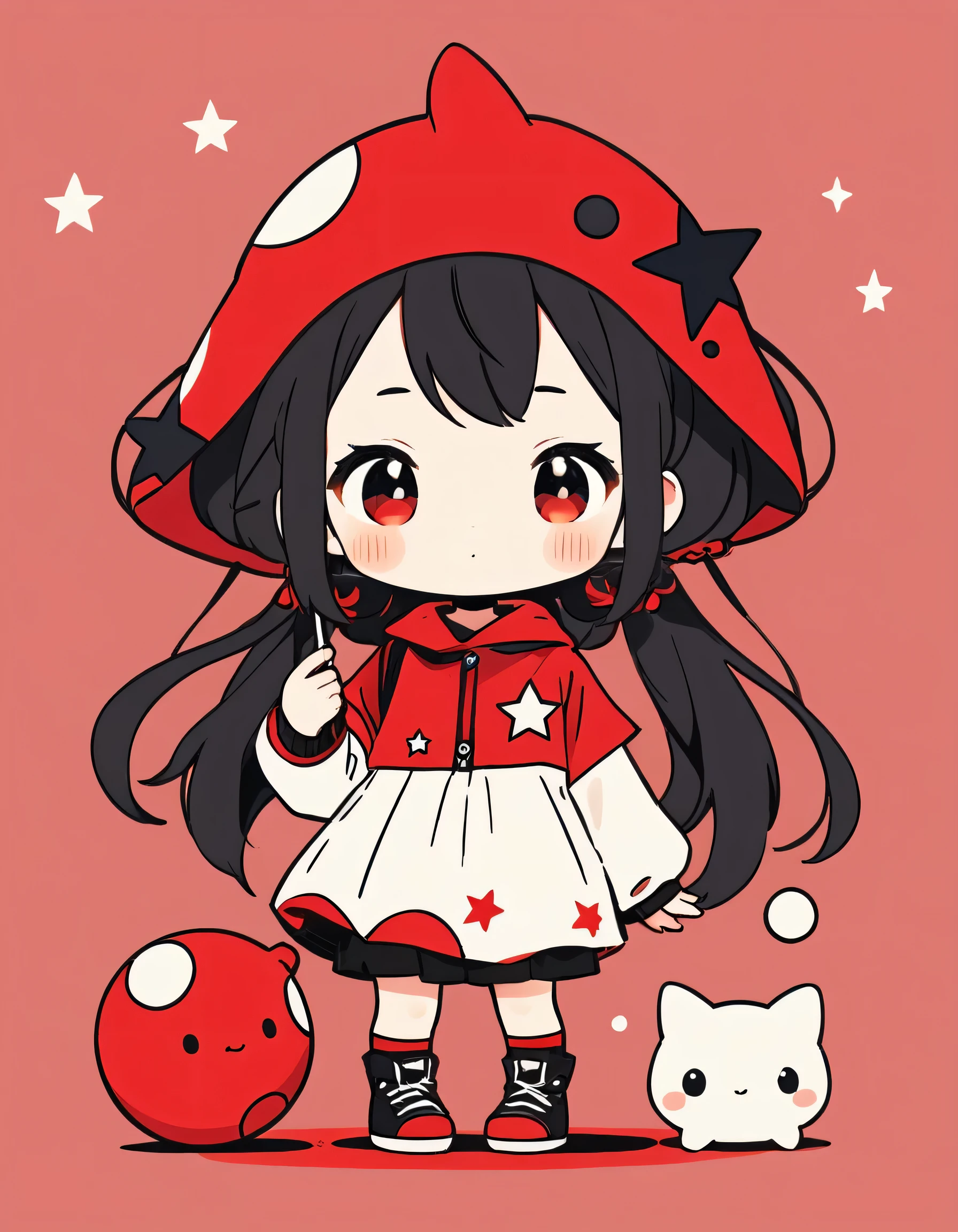 Black Star Red and White style, Simple Line Initialism,Abstract art,Kawaii Design, The most beautiful girl of all time、chibi, Colorful and cute balls