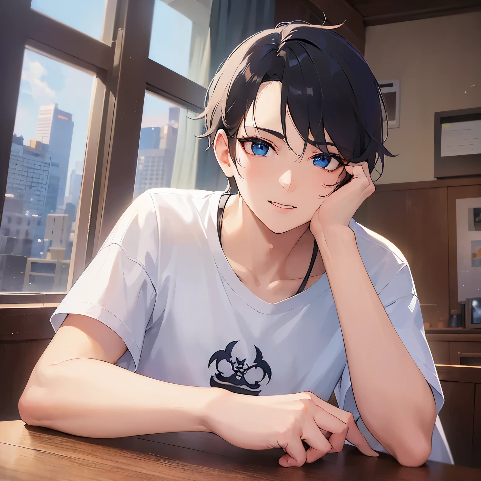 (25-year-old male:1.5) and (Black short hair) and (blue eyes)
(white) and (T-Shirts),(looking at viewer:1.5),upper body、head rest、
shiny skin, masterpiece、Highest quality、
smile、The background is the dining room at night、(Alone:1.5)
