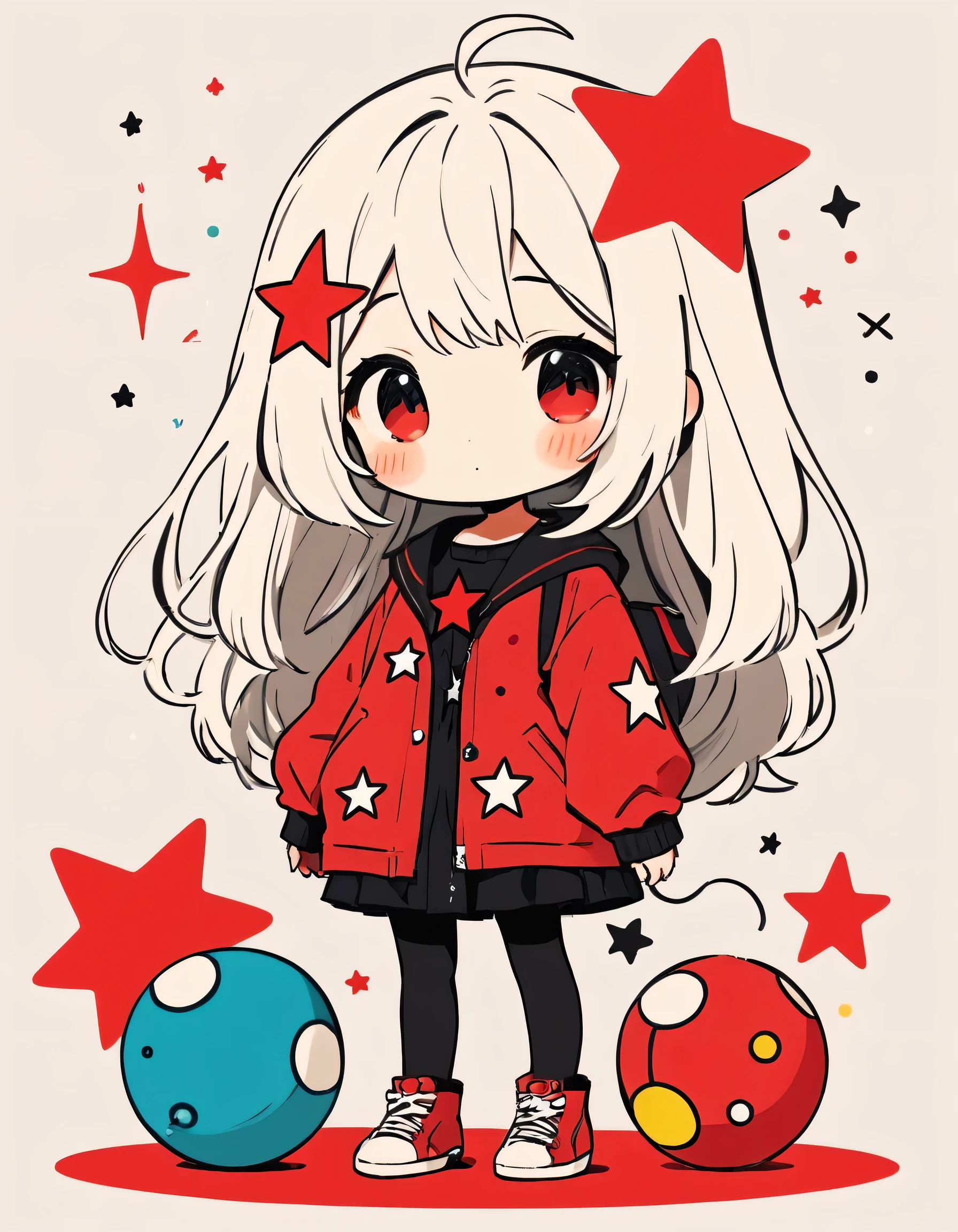 Black Star Red and White style, Simple Line Initialism，Abstract art，Kawaii Design, The most beautiful girl of all time、chibi, Colorful and cute balls