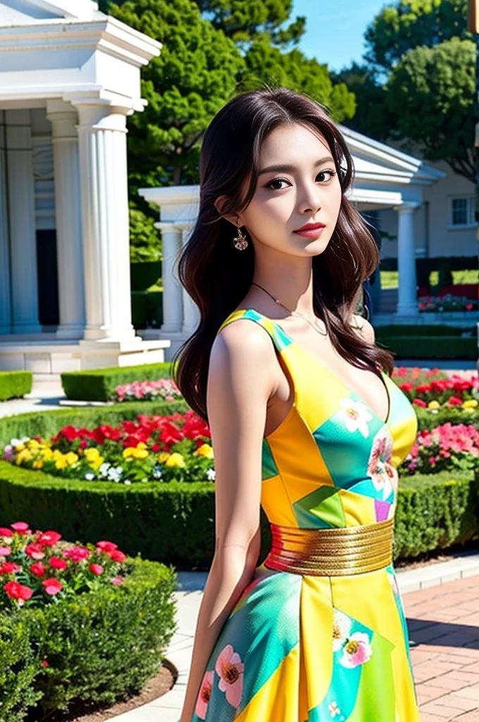 Tzuyu 1, woman, (Realistic), (Hyperrealism), (photoRealistic), Written boundary depth, eye make up:0.7 (whole body:1.8), (Large Bust),(Tight waist), Observe the audience,At the flower garden, Fashion Model, A sexy dress with open shoulders and neckline
