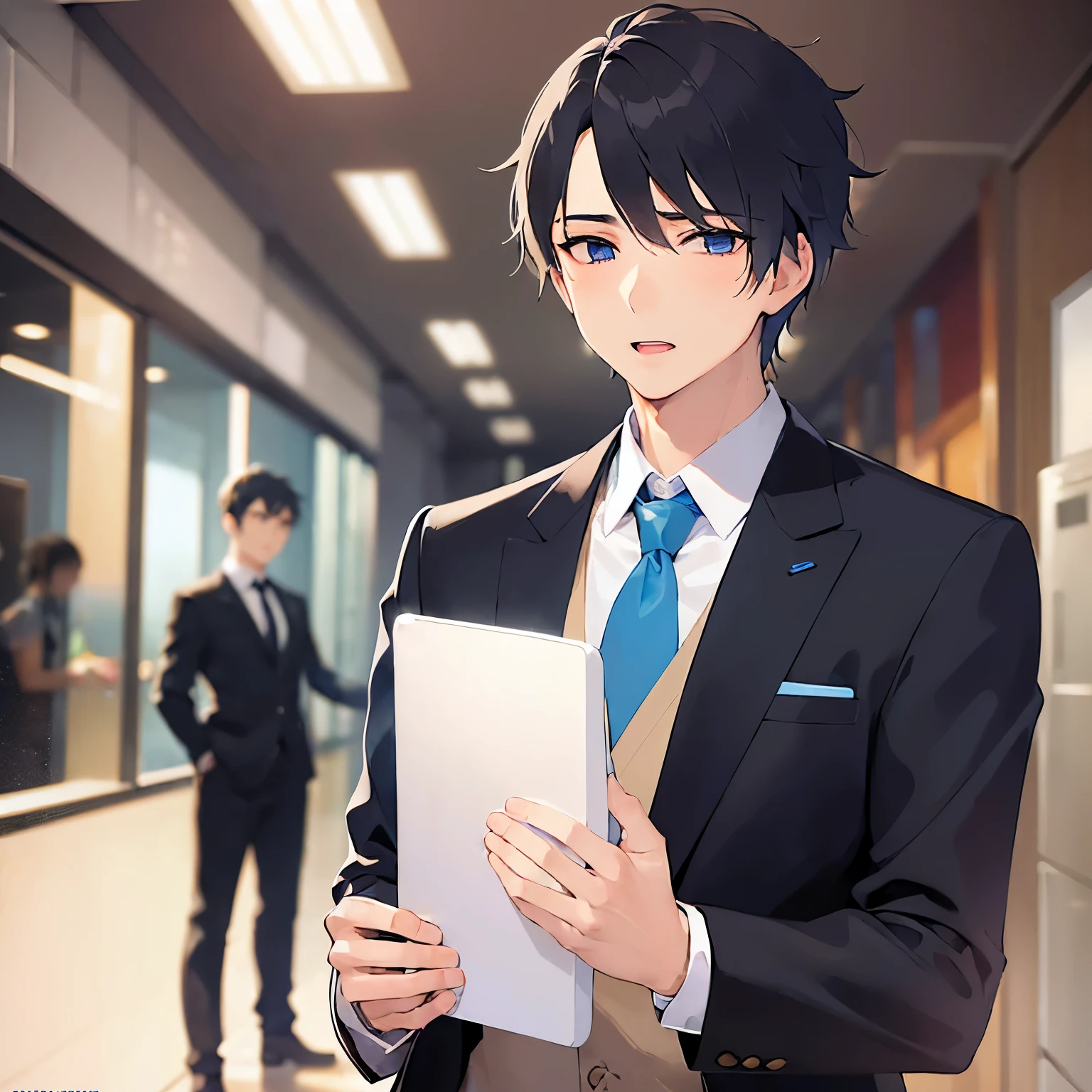 (25-year-old male:1.5) and (Black short hair) and (blue eyes)
(Wearing a suit:1.5) and (Blue tie)、(looking away:1.5),upper body、
shiny skin, masterpiece、Highest quality、
The hotel lobby in the background、(blush:1.4)、Panic、open mouth