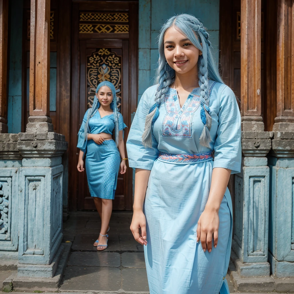 A beautiful European woman, 23 years old with long braided hair ((light blue hair)) with a beautifully cute smile. Wearing a traditional Indonesian batik pattern clothing that fits her body perfectly showing off her perfect curves. She is stood in front of the Prambana temple in Indonesia. Ultra realistic, hyper detailed, shot in 32k hd