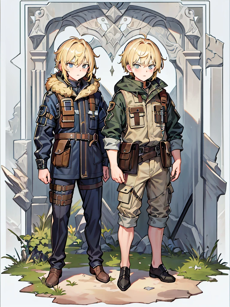 They are 12-year-old boys twin with blonde hair. One has an energetic and curious expression, dressed in rugged survival attire. Another one appears more serious and focused, also dressed in practical survival gear with a pragmatic touch. it has to be full body
