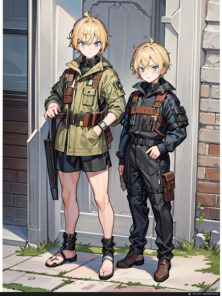 They are 12-year-old boys twin with blonde hair. One has an energetic and curious expression, dressed in rugged survival attire. Another one appears more serious and focused, also dressed in practical survival gear with a pragmatic touch. it has to be full body 