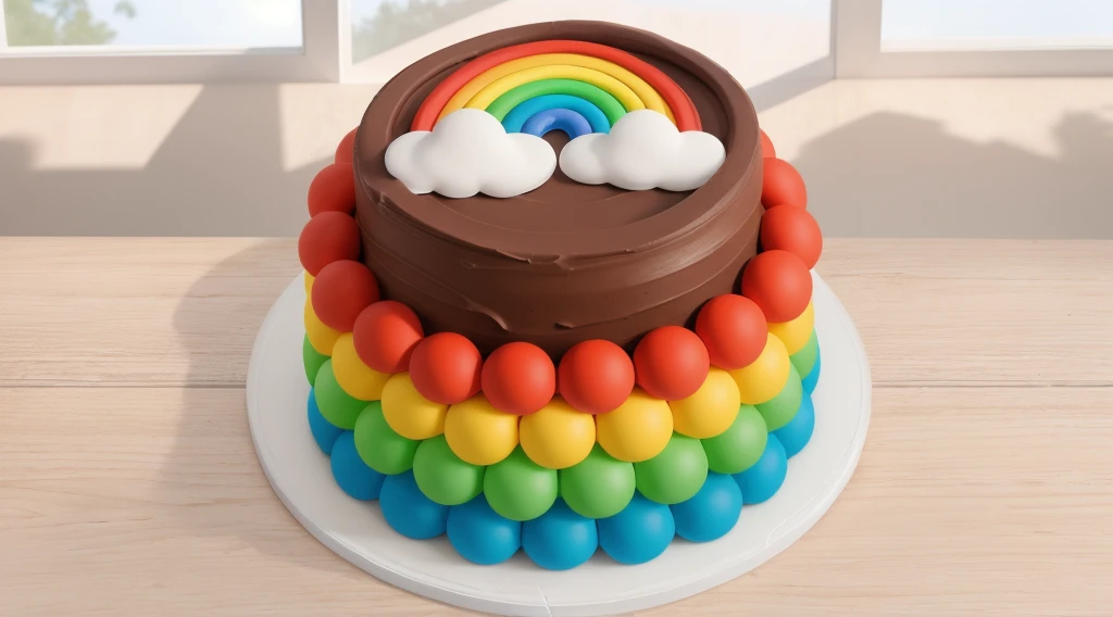 on a wooden table, on a white plate, a chocolate cream cake, candy candies around the cake, a cloud and a rainbow made of polymer clay on the cake, window light, bright lights, soft light, window light, professional lighting, light from the window, neat light, realistic texture, realistic style, detailed texture, high quality, high resolution, high quality rendering, realistic photo, brightning light, macro photo