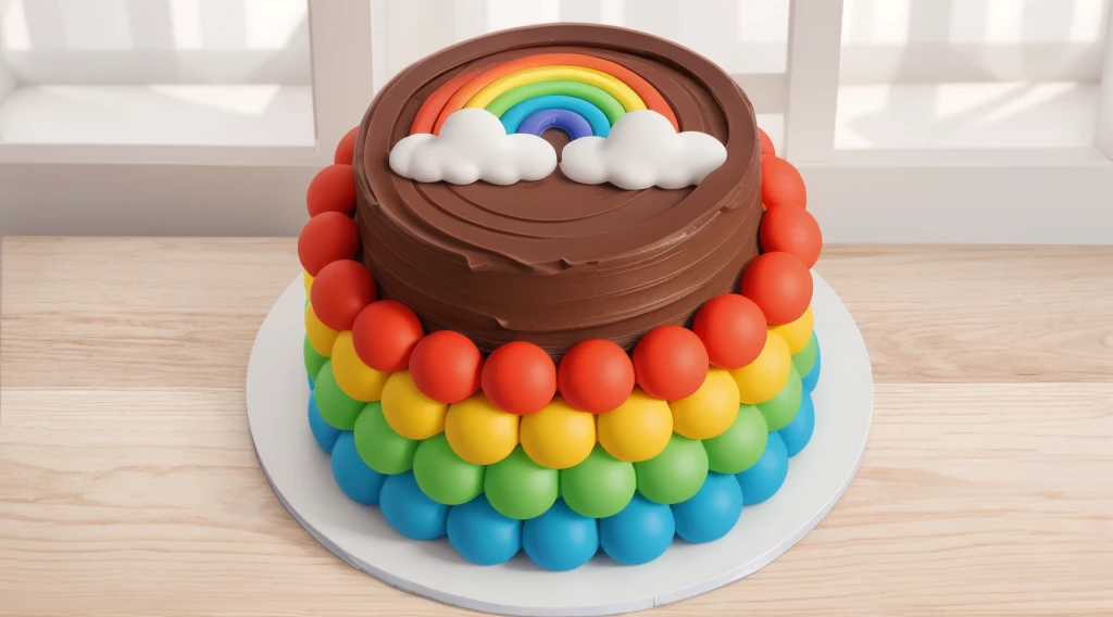 on a wooden table, on a white plate, a chocolate cream cake, candy candies around the cake, a cloud and a rainbow made of polymer clay on the cake, window light, bright lights, soft light, window light, professional lighting, light from the window, neat light, realistic texture, realistic style, detailed texture, high quality, high resolution, high quality rendering, realistic photo, brightning light, macro photo