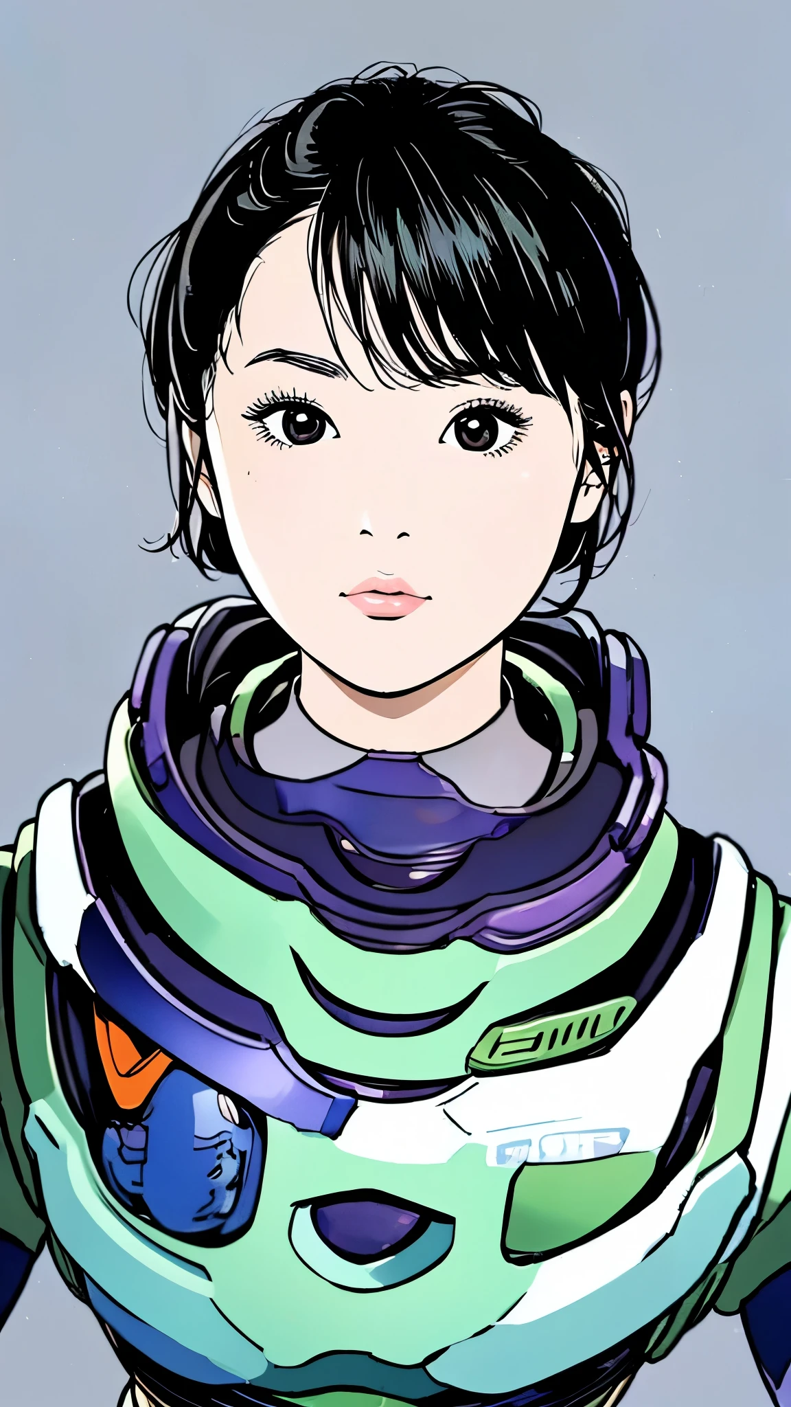 Buzz Lightyear、woman、Black Hair、Short Hair、Upper Body、Simple Background、Close-up of face、