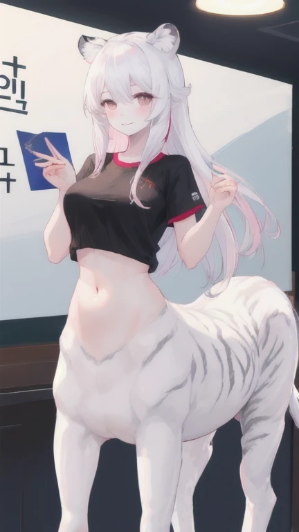 (best quality, masterpiece), 1 girl, centaur, It takes,White skin, Sports day, belly button t-shirt, 아름다운 소녀 perfect wolf photo, perfect wolf photo
