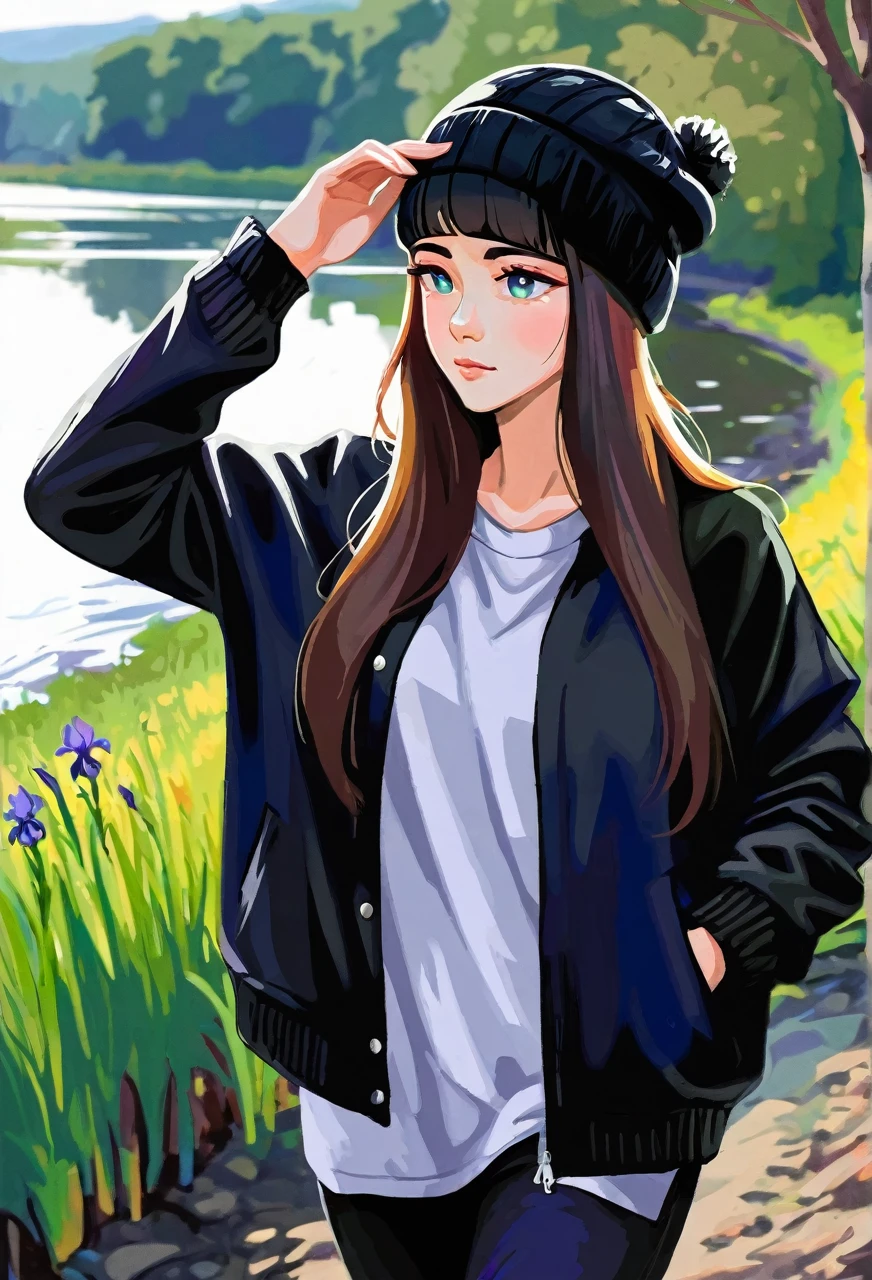 Walking river bank, loose black jacket, perfect hands, high detail, high quality, best detail, perfect irises, beanie, hipster, adult female, beanie, calm demeanor, mature,