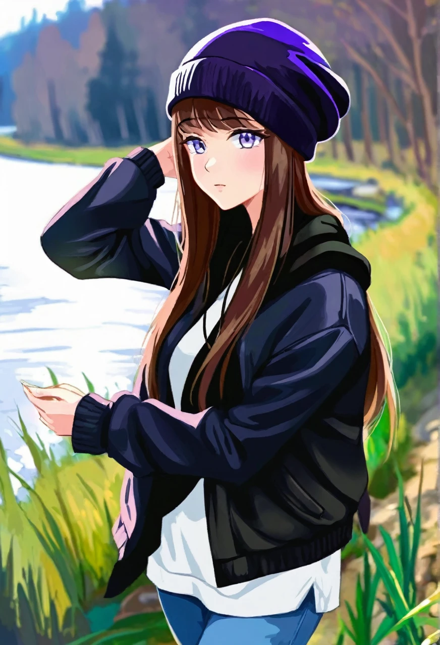 Walking river bank, loose black jacket, perfect hands, high detail, high quality, best detail, perfect irises, beanie, hipster, adult female, beanie, calm demeanor, mature,