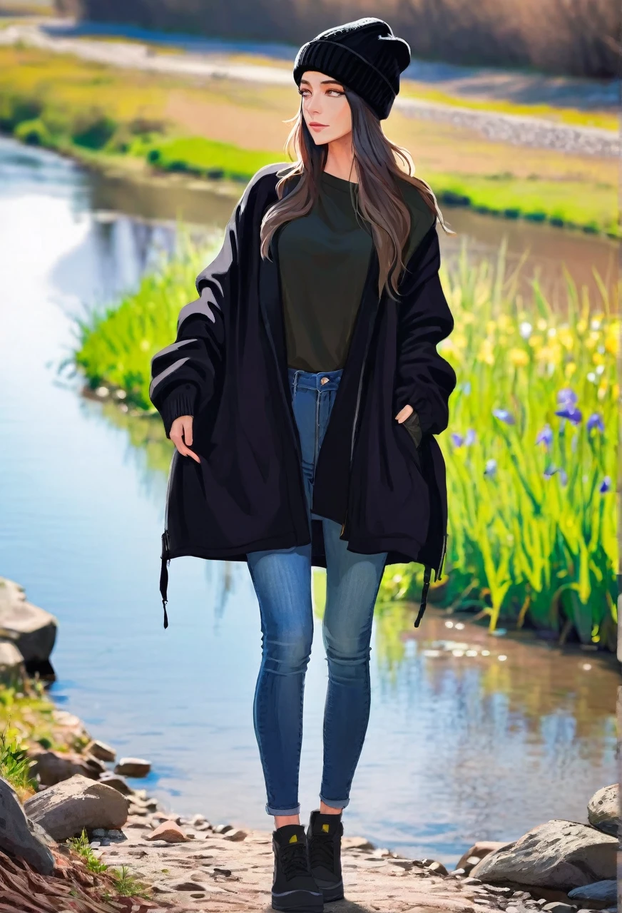 Walking river bank, loose black jacket, perfect hands, high detail, high quality, best detail, perfect irises, beanie, hipster, adult female, beanie, calm demeanor, mature,
