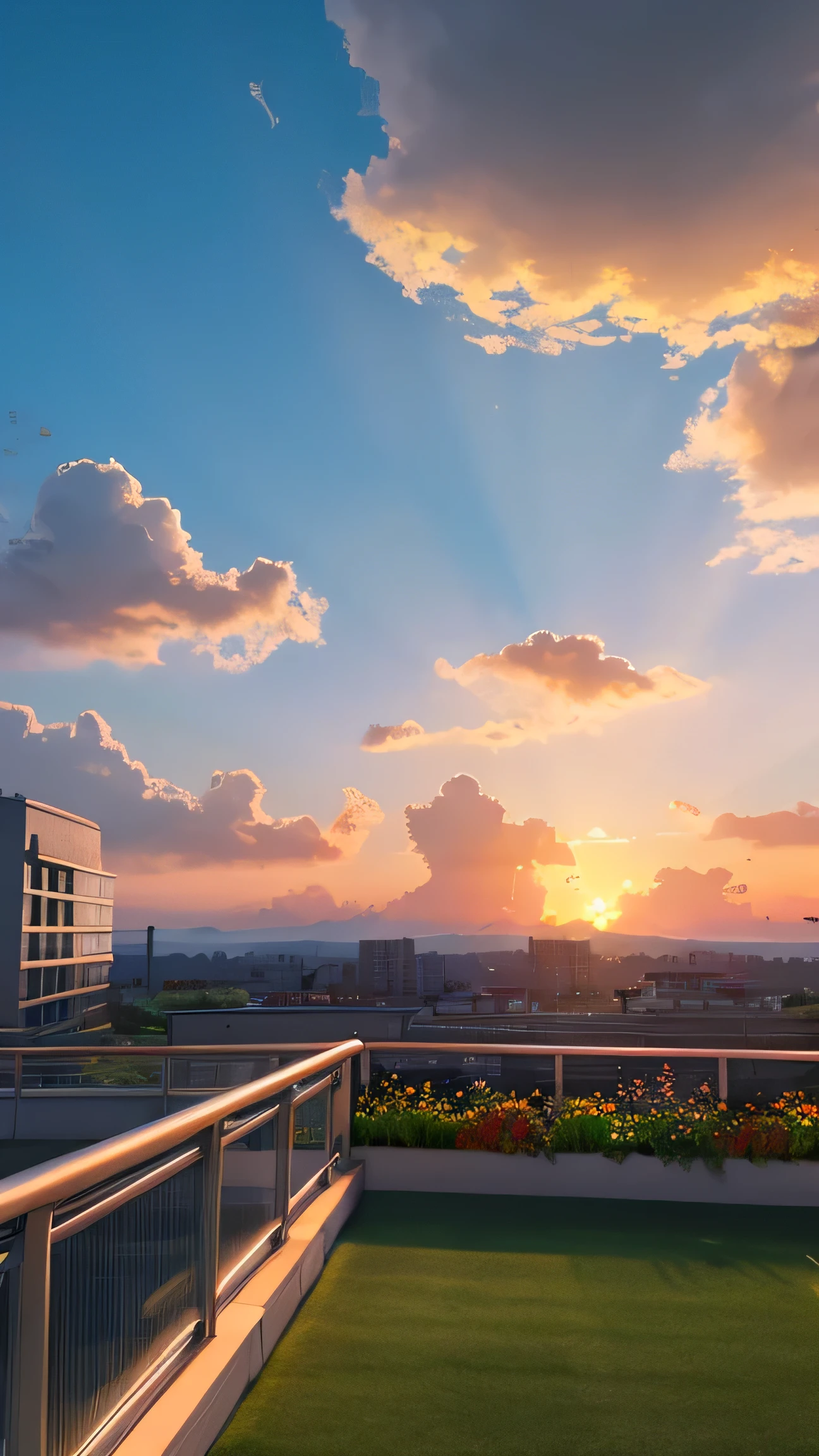 (8K, masterpiece, masterpiece, Photorealistic), Hospital rooftop、Beautiful sunset、Flowing Clouds,Landscape only