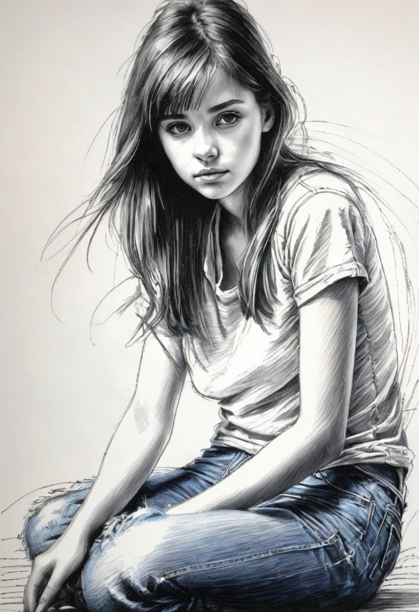 Girl staring at the viewer, ,( sitting on her knees), T-shirt, jeans, barefoot, coarse ballpoint pen sketch drawn in hatching technique, centering, (white background)), masterpiece
