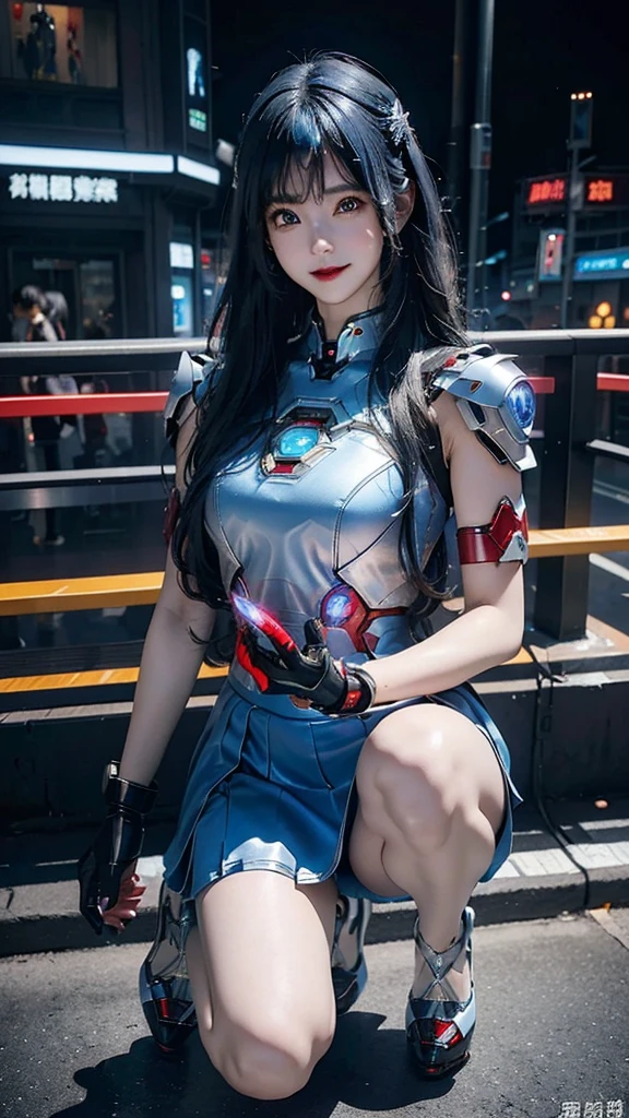  Beautiful Iron Man，Angelic countenance，Full body portrait，the long flowing blue hair，big eyes，Flashing pupils，shy，Blush，Smile，Delicate depiction of the face，Wearing a blue JK short skirt and black pantyhose，Wearing high heels，Cyberpunk，Night，Hyperrealism，Neon Street，Ray Tracing，masterpiece，Pixel Perfect，make a fist，Delicate hand engraving，Light and Shadow，Sweat，Fine drawing，Fire chest cannon Model: Day Man 2, Hires upscale: 1.5，
