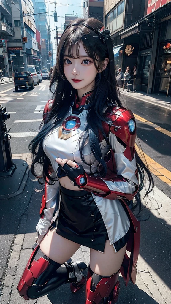 Beautiful Iron Man,Angelic countenance,Full body portrait,the long flowing blue hair,big eyes,Flashing pupils,shy,Blush,Smile,Delicate depiction of the face,Wearing a pink skirt with black,Wearing high heels,Cyberpunk,Night,Hyperrealism,Neon Street,Ray Tracing,masterpiece,Pixel Perfect,make a fist,Delicate hand engraving,Light and Shadow,Sweat,Finely drawn Model: Day Man 2, Hires upscale: 1.5