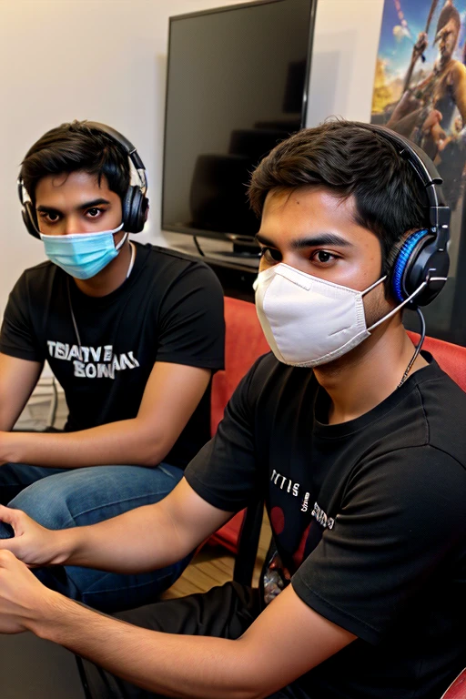 ((best quality)), ((masterpiece)), (detailed), create a Indian  male 4 friends community playing video game. the creators must wear mask, headphones, black tshirt 
