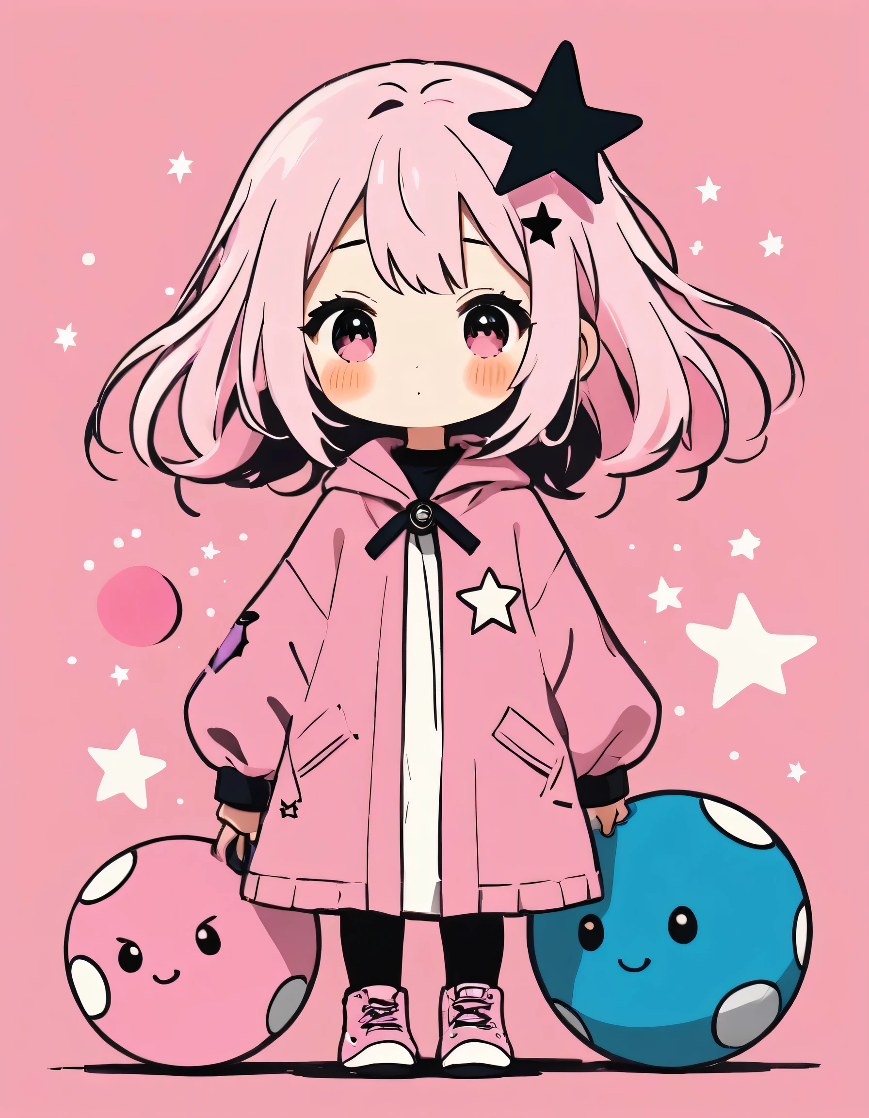 Black Star pink and White style, Simple Line Initialism,Abstract art,Kawaii Design, The most beautiful girl of all time、chibi, Colorful and cute balls