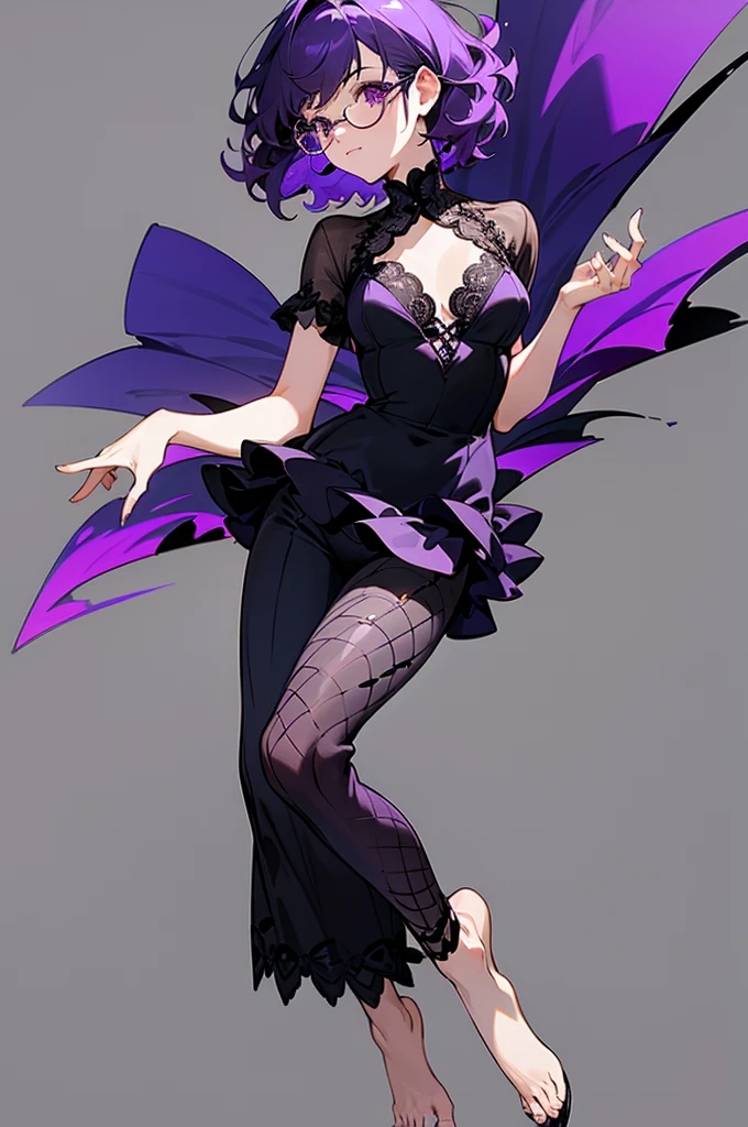 one girl, short very curly purple hair with dark purple strand, glasses, two-piece black color lace flower theme swim outfit, simple detaled, lovable, no background, dynamic pose,, full body ,detaled feet,short blouse with fishnet, flowers, art