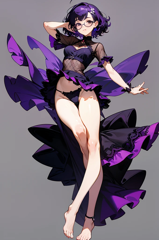 one girl, short very curly purple hair with dark purple strand, glasses, two-piece black color lace flower theme swim outfit, simple detaled, lovable, no background, dynamic pose,, full body ,detaled feet,short blouse with fishnet, flowers