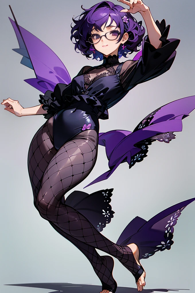 one girl, short very curly purple hair with dark purple strand, glasses, two-piece black color lace flower theme swim outfit, simple detaled, lovable, no background, dynamic pose,, full body ,detaled feet,short blouse with fishnet, flowers, art