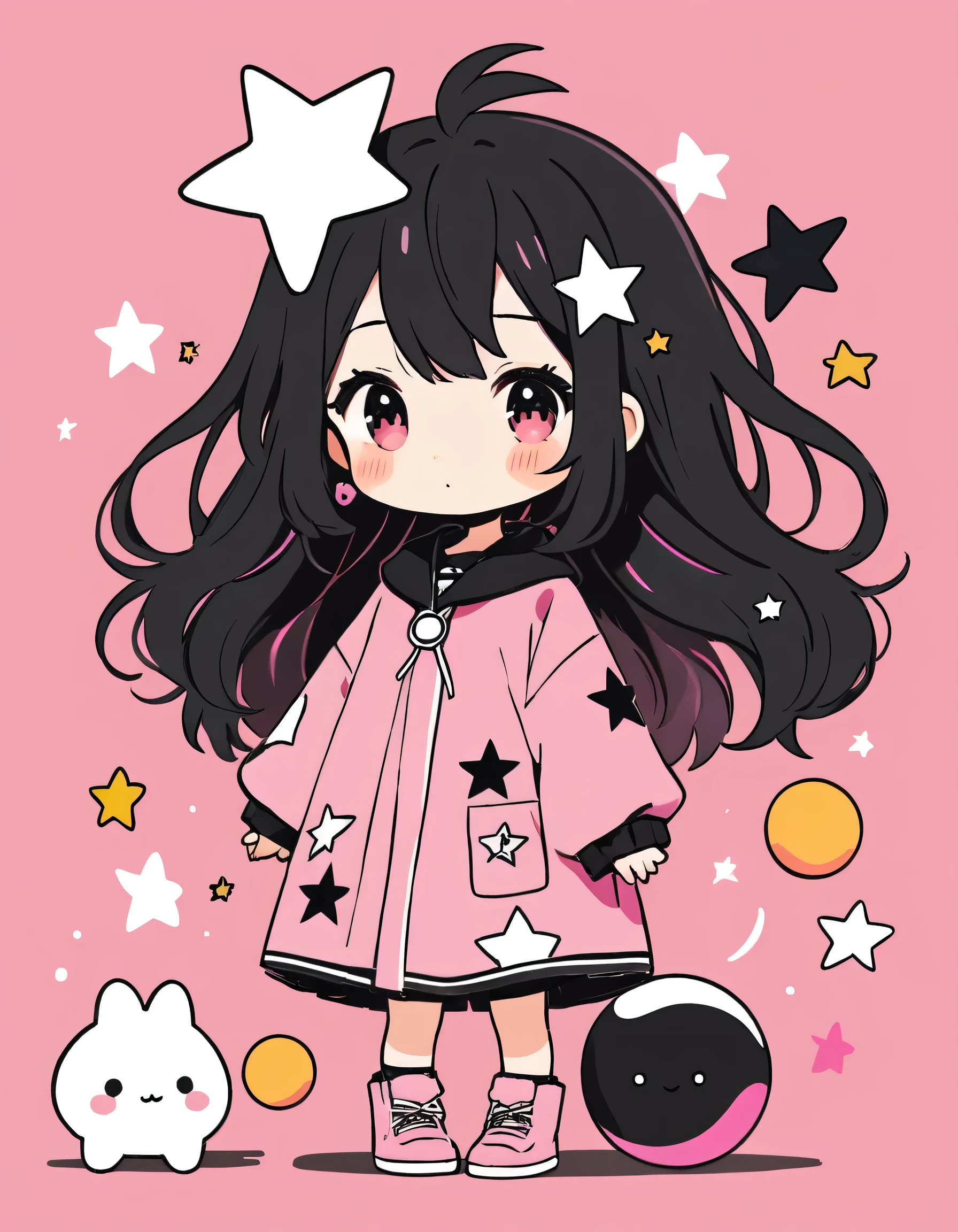 Black Star pink and White style, Simple Line Initialism,Abstract art,Kawaii Design, The most beautiful girl of all time、chibi, Colorful and cute balls