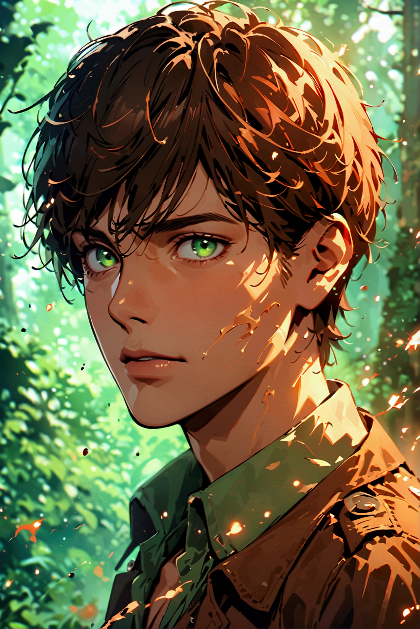 Handsome man in his 20s with long brown hair（1 male,Ellen Yeager）Green Eyes,Attack on Titan,Wide range of colors,artwork,rendering,(masterpiece:1.3),(Highest quality:1.4),(Very detailedな:1.5),High resolution,Very detailed,unity 8k wallpaper,Decadent,Achieve smooth design