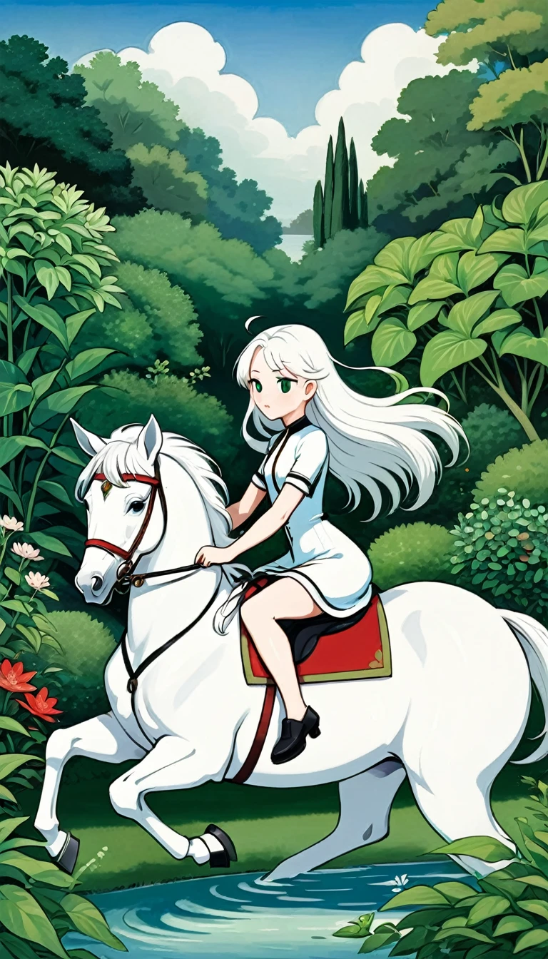 The Oriental girl rides a white horse in the garden, by the lake, the breeze blows her long hair, the dense green plants,in style of Angela Barrett and henri rousseau