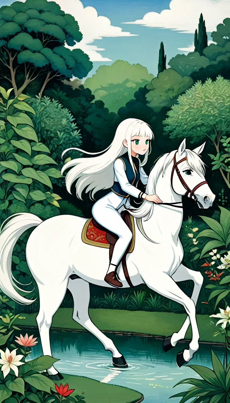 The Oriental girl rides a white horse in the garden, by the lake, the breeze blows her long hair, the dense green plants，in style of Angela Barrett and henri rousseau