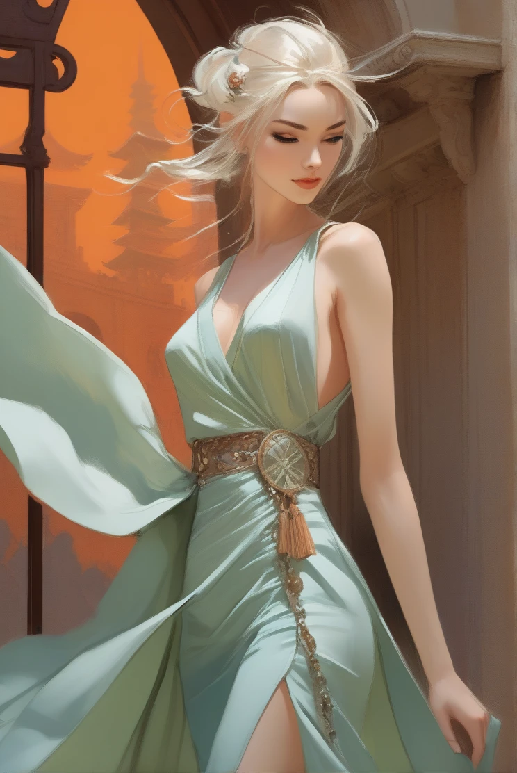 Illustration in styles of Harrison Fisher, Jeremy Mann, Alexandre Cabanel, and Tomer Hanuka, of a stunningly beautiful lady sexy decote em V Escanor girl + Naruto clad in an elegant dress, em seus pés with the contradiction of men's sandália, atmosphere that balances the delicate and the rugged, soft pastel hues for the dress silver Green contrasting their sturdy, leather exterior, textures that interplay tone as if at