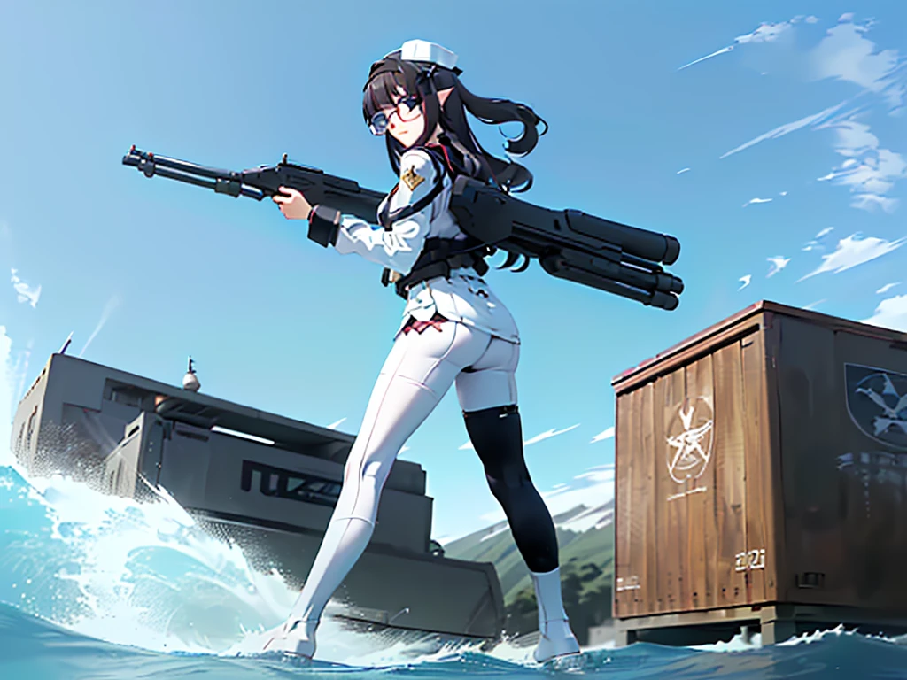(((masterpiece, Vision))), ((((Full body of a woman with perfect flat chest、1 Female、solo、Short unkempt black hair、Tie your messy hair at the nape of your neck、white military jacket、Miko costume、black tights、Black glasses are black、White military cap、Cloudy black eyes、Confused eyes、Junyo-inspired emblem)))), (((Shipgirl))), ((Floating on the morning sea with both feet)), (Standing with your legs apart)), Aim, (Hold the shotgun turret grip with your right hand), (Four mechanical tentacles covered in white armor extend from its back.), (Holding a shotgun with metal tentacles), (Equipped with a bridge on the back), (His left arm holds the grip of a triple-barreled shotgun),