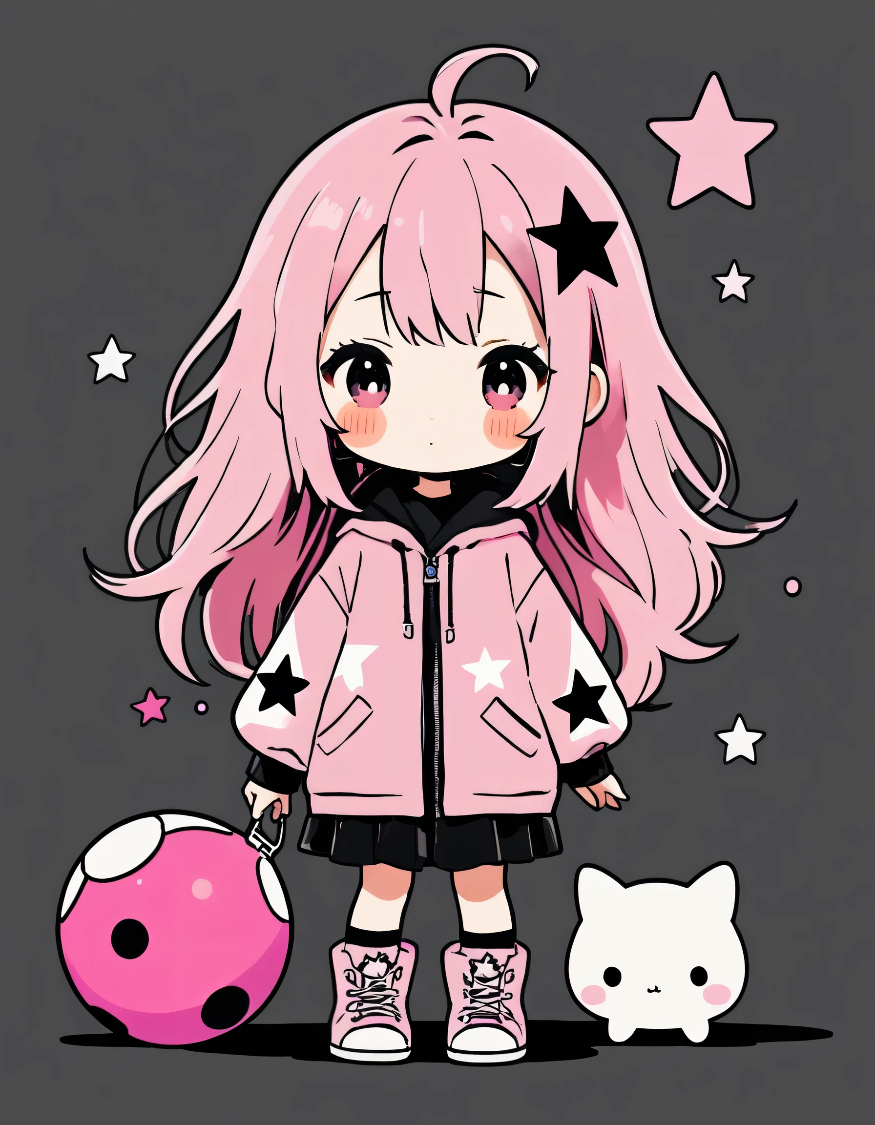 Black Star pink and White style, Simple Line Initialism,Abstract art,Kawaii Design, The most beautiful girl of all time、chibi, Colorful and cute balls