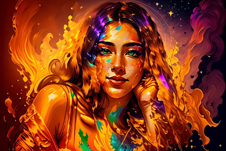 woman made of clouds, cloud body, stars background, stunningly beautiful, masterpiece, detailed background, (full body portrait:1.1), celestial background, ultra high quality model, ethereal background, abstract beauty, explosive volumetric, oil painting, heavy strokes, paint dripping, volumetric clouds, iridescent stars, sunset