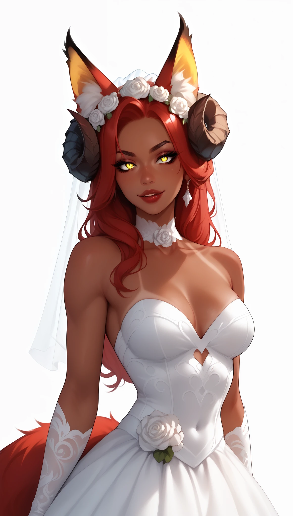 score_9, score_8_up, score_7_up, 1girl, solo, 
flowing red hair, glowing yellow eyes, curved ram horns, fox ears, fox tail, tanned skin, demoness, (foxgirl:1.2),
monochromatic, eerie atmosphere, 
(wedding dress), seductive, stark white background