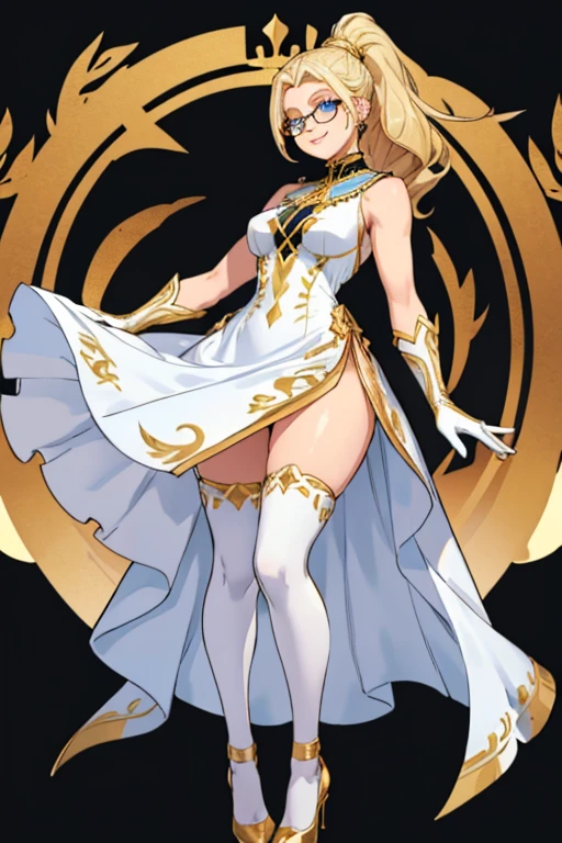 female, blonde long hair in ponytail, blue eyes, (((1girl))), (((white sleeveless regal dress with gold trim))), (black fingerless opera gloves), (black stockings), (white heels), (gold jewelry), (glasses), cute and sexy, full body, modest breasts, long legs, smiling