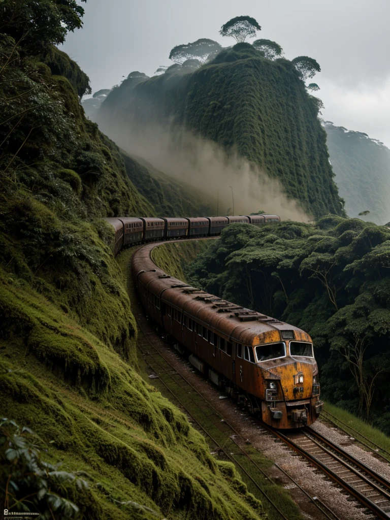 (RAW PHOTO), The rusted long train with the skull of a lion, in the Amazon jungle, on the highest cliff, Moss, fog, details, hyper-realistic, 16k