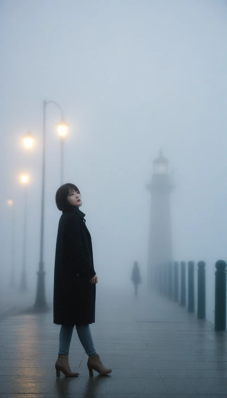 girl,Short hair. Black coat, rain가 내린다. Street lamp, cool,rain,blur,Fog,middle,cool,boring,,pier,Only,lighthouse,Coast, The dim light shines in the Fog,and the figure stands in the Fog holding an umbrel