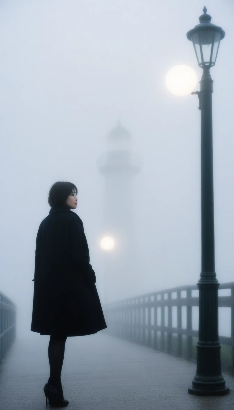 girl,Short hair. Black coat, rain가 내린다. Street lamp, cool,rain,blur,Fog,middle,cool,boring,,pier,Only,lighthouse,Coast, The dim light shines in the Fog,and the figure stands in the Fog holding an umbrel