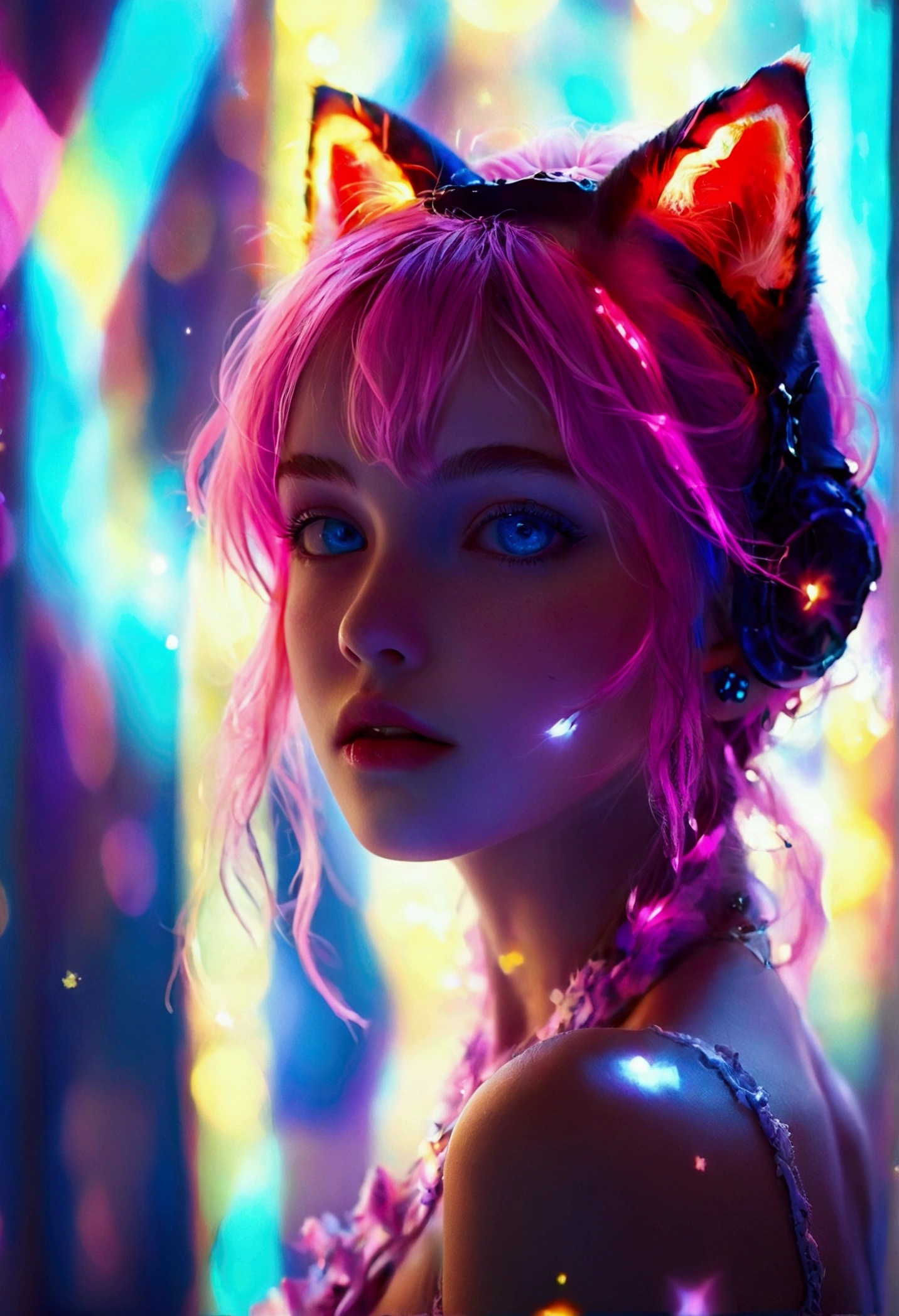 {{masterpiece}},{{Highest quality}},Bokeh,Awareness-raising,1 perfect portrait of a girl, A fascinating eye for perfect detail), Colorful Hair, (pink soft hair:1.6), (Cat ear:1.3),Slim and tall body type, Fantasy purple background, {Exposed bare shoulders},{Long-term alienation_sleeve}, {Lean forward slightly}, If you look up,hair ornaments,{shy},Please keep your mouth shut, Tilt your head,{Small breasts} ,Cinema Lighting,Larger clothes, ((Seductive pose)), Bright Blue Eyes, close