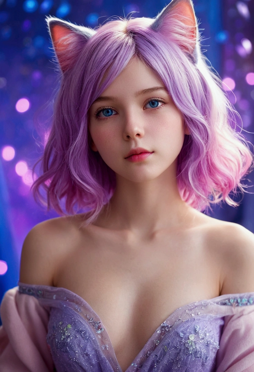 {{masterpiece}},{{Highest quality}},Bokeh,Awareness-raising,1 perfect portrait of a girl, A fascinating eye for perfect detail), Colorful Hair, (pink soft hair:1.6), (Cat ear:1.3),Slim and tall body type, Fantasy purple background, {Exposed bare shoulders},{Long-term alienation_sleeve}, {Lean forward slightly}, If you look up,hair ornaments,{shy},Please keep your mouth shut, Tilt your head,{Small breasts} ,Cinema Lighting,Larger clothes, ((Seductive pose)), Bright Blue Eyes, close