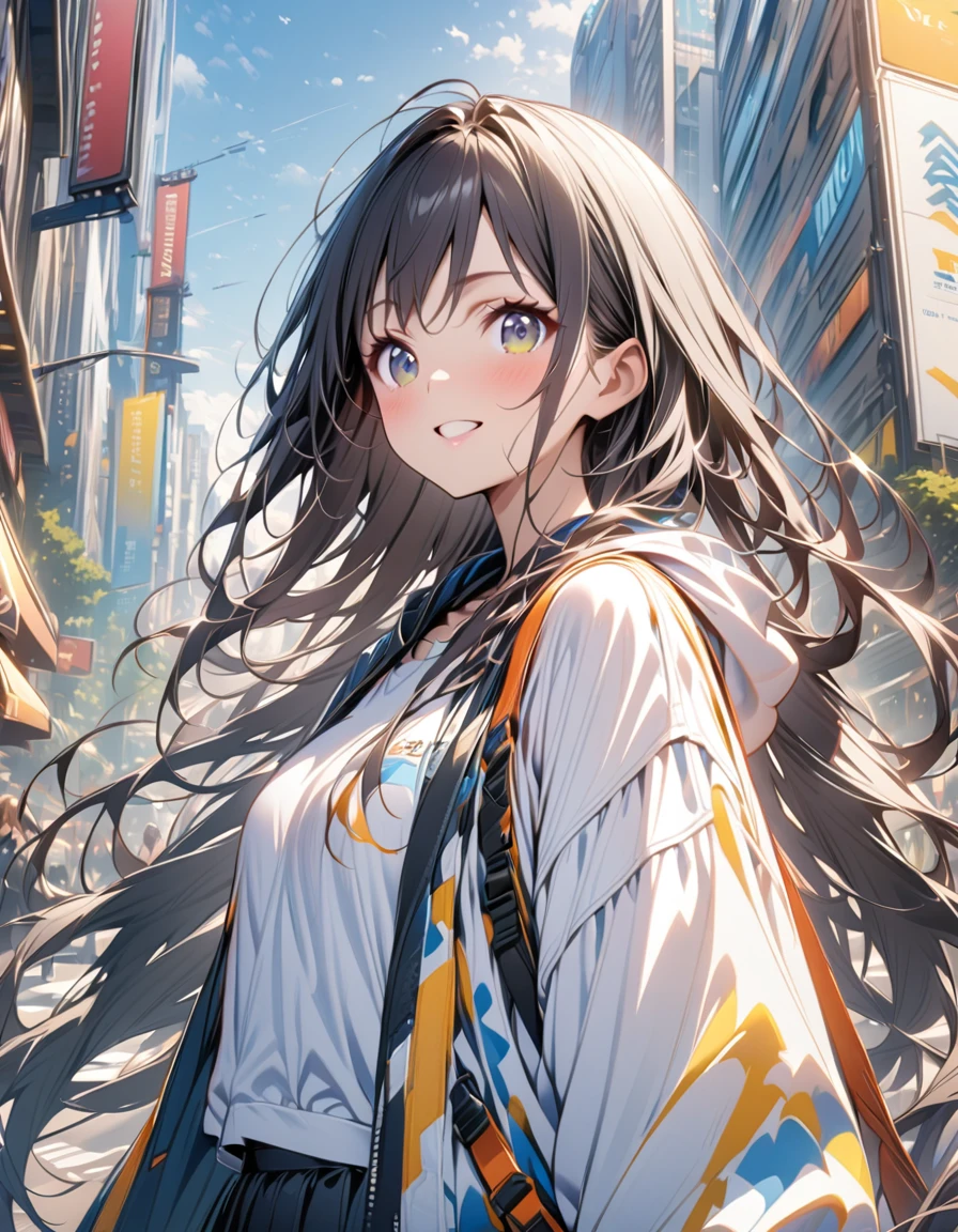 high resolution、One girl、、Slender、Black Hair、Smooth Long Hair、、Daytime、City、Bright expression、