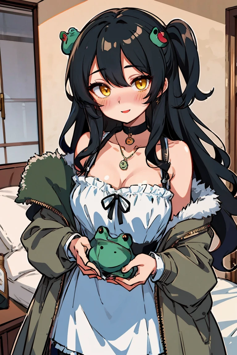 (masterpiece:1.2), (high quality:1.2), hui xiyi, rekkyo sensen, rekkyou sensen, (long wavy hair, one side up:1.45), solo focus, hand up, waving, girls with((black hair, bare shoulders, breasts,choker, cleavage,coat,collar,collarbone,cowboy shot, dress, frills, fur, fur collar, fur trim, hood down, hooded jacket, hoodie, jacket, large breasts, long hair, long sleeves, belt, suspenders, medium breasts, medium hair, necklace, open clothes, open hoodie, sleeveless, solo, winter clothes, zipper, upper body)), background with ((bedroom, room, holding a round stuffed frog, holding, stuffed:2.0))