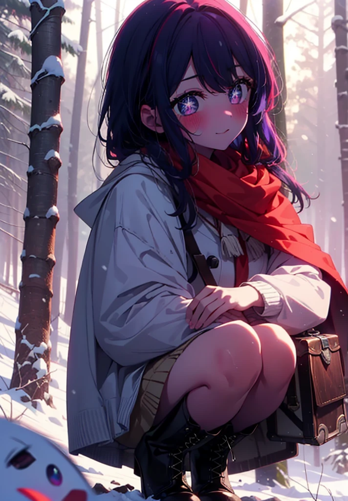 aihoshino, Ai Hoshino, Long Hair, bangs, (Purple eyes:1.1), Purple Hair, (Symbol-shaped pupil:1.5), smile,,smile,blush,White Breath,
Open your mouth,snow,Ground bonfire, Outdoor, boots, snowing, From the side, wood, suitcase, Cape, Blurred, , forest, White handbag, nature, Squat, Mouth closed, Cape, winter, Written boundary depth, Black shoes, red Cape break looking at viewer, Upper Body, whole body, break Outdoor, forest, nature, break (masterpiece:1.2), Highest quality, High resolution, unity 8k wallpaper, (shape:0.8), (Beautiful and beautiful eyes:1.6), Highly detailed face, Perfect lighting, Highly detailed CG, (Perfect hands, Perfect Anatomy),