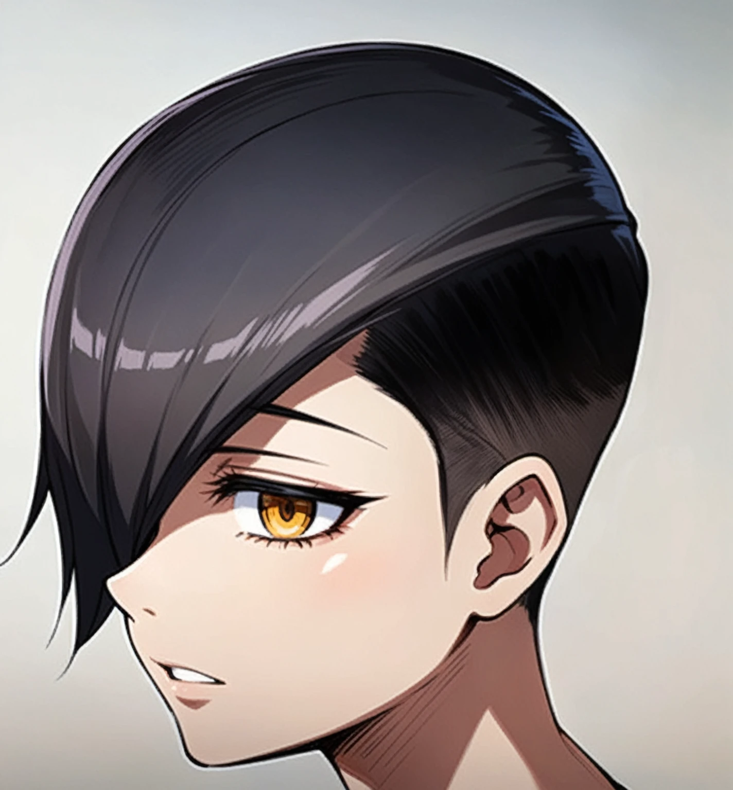 anime - style image of a woman with a short black hair, anime woman headshot profile, trigger anime artstyle, profile of anime girl, androgynous face, buzzed sides and back, long bangs, persona 5 art style wlop, with short hair, anime visual of a young woman