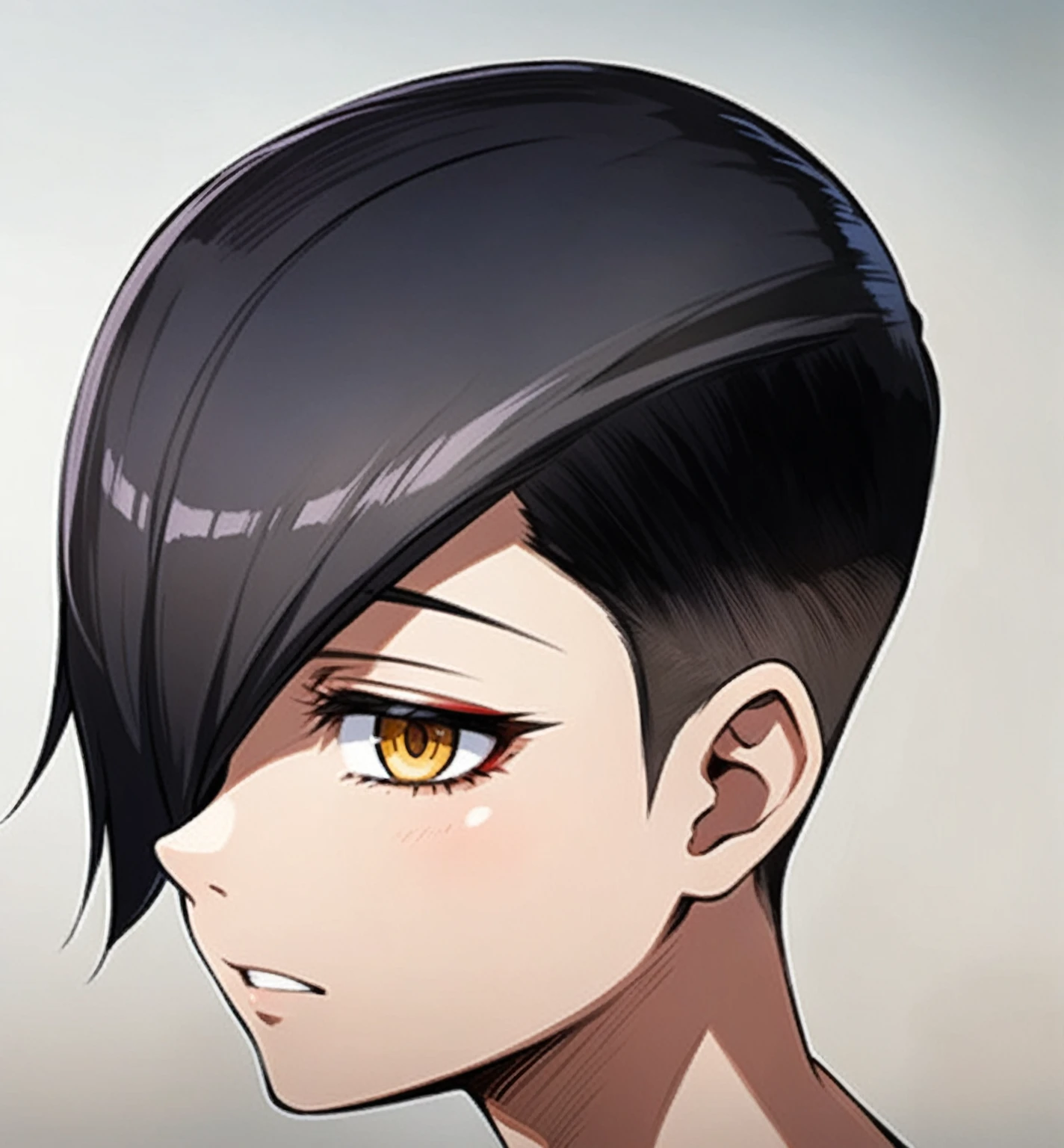 anime - style image of a woman with a short black hair, anime woman headshot profile, trigger anime artstyle, profile of anime girl, androgynous face, buzzed sides and back, long bangs, persona 5 art style wlop, with short hair, anime visual of a young woman