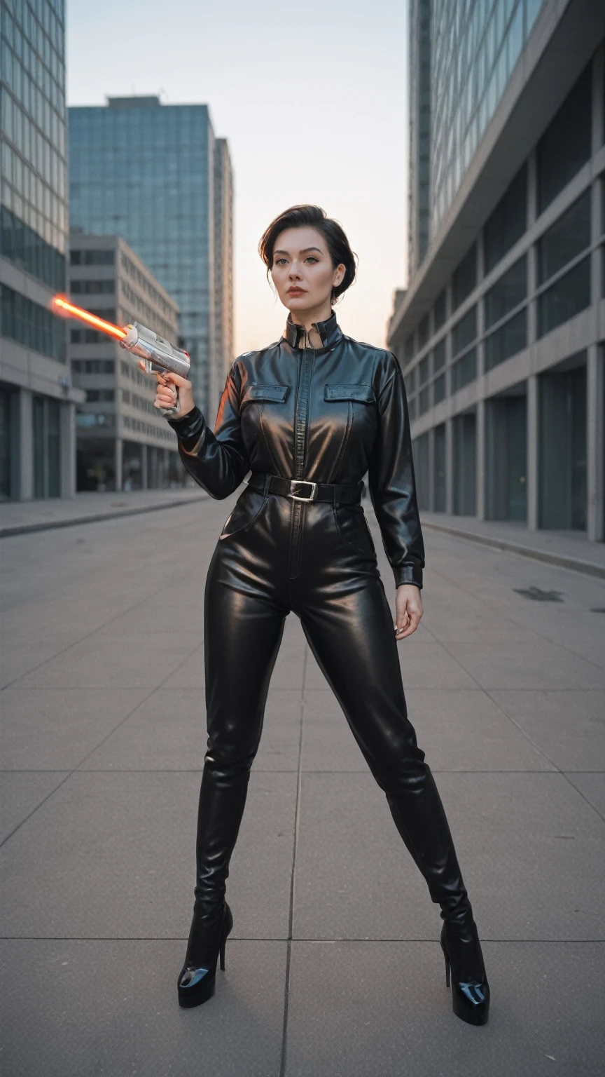 realistic,score_9, score_8_up, score_7_up, 
 cyberpunk style，30-year-old mature and charming woman，Leather jumpsuit covers the whole body，full breasts，High-heeled leather shoes，Pointing a laser gun at me，open fire，（There are many small pieces of gravel floating in the air around me.:1.5），Beautiful，Glowing special effects，celluloid style，Flat coating，HD，CG art，comics，8K，looking into camera，high quality，illustration，Vaporwave style，rim light，movie lighting，Super detailed，complex，OC renderer，cinematic perspective，high resolution