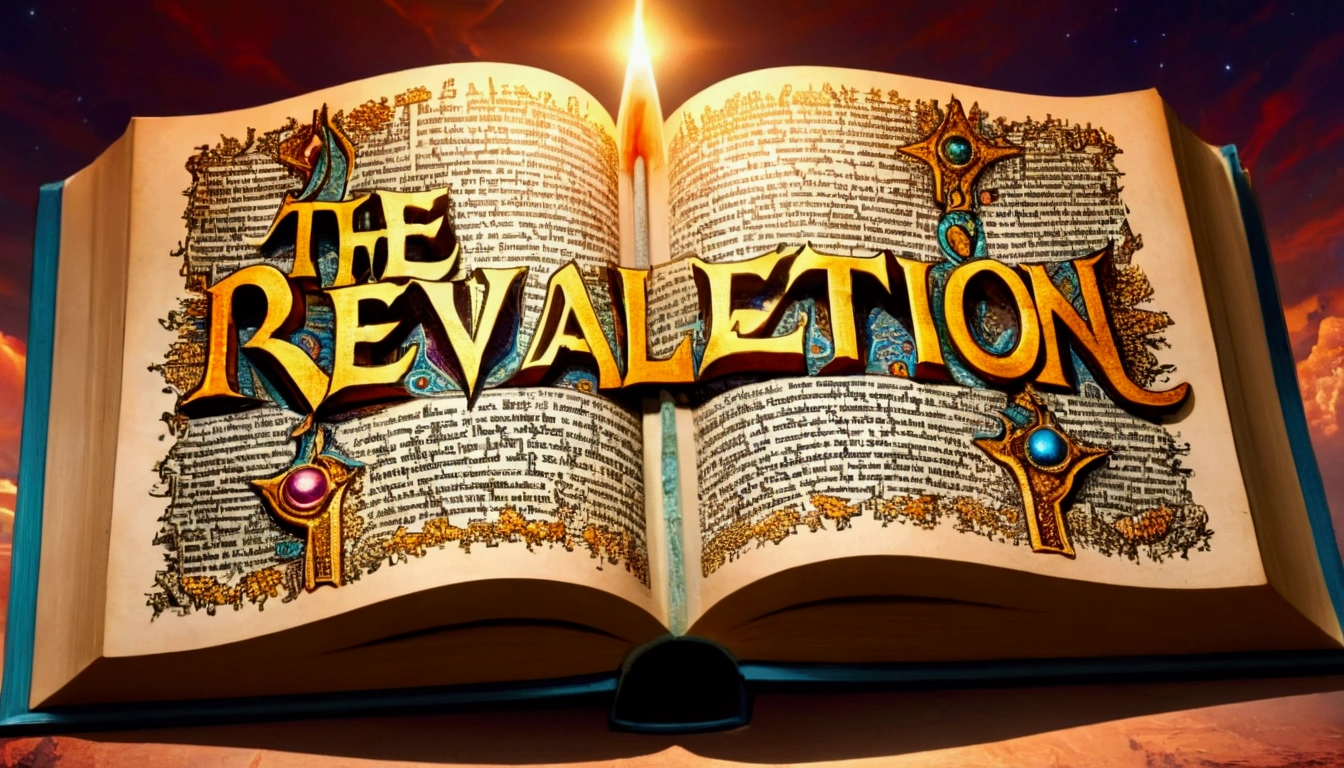 The book of revelation being half way opened and written over it as a title of the picture  "The conclusion and the beginning of the book of Revelation"
