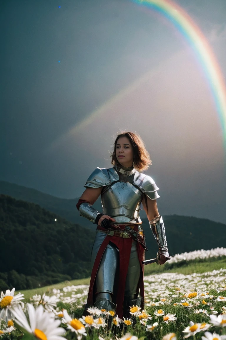 photo of A warrior wears a chrome armor, carries a sword from which a rainbow starts, she is in the middle of a field of daisies, the light looks like the reflection of a prism emanates the colors of a rainbow. Bubbles float around her. High Definition Image, 50mm lens, f/1.8