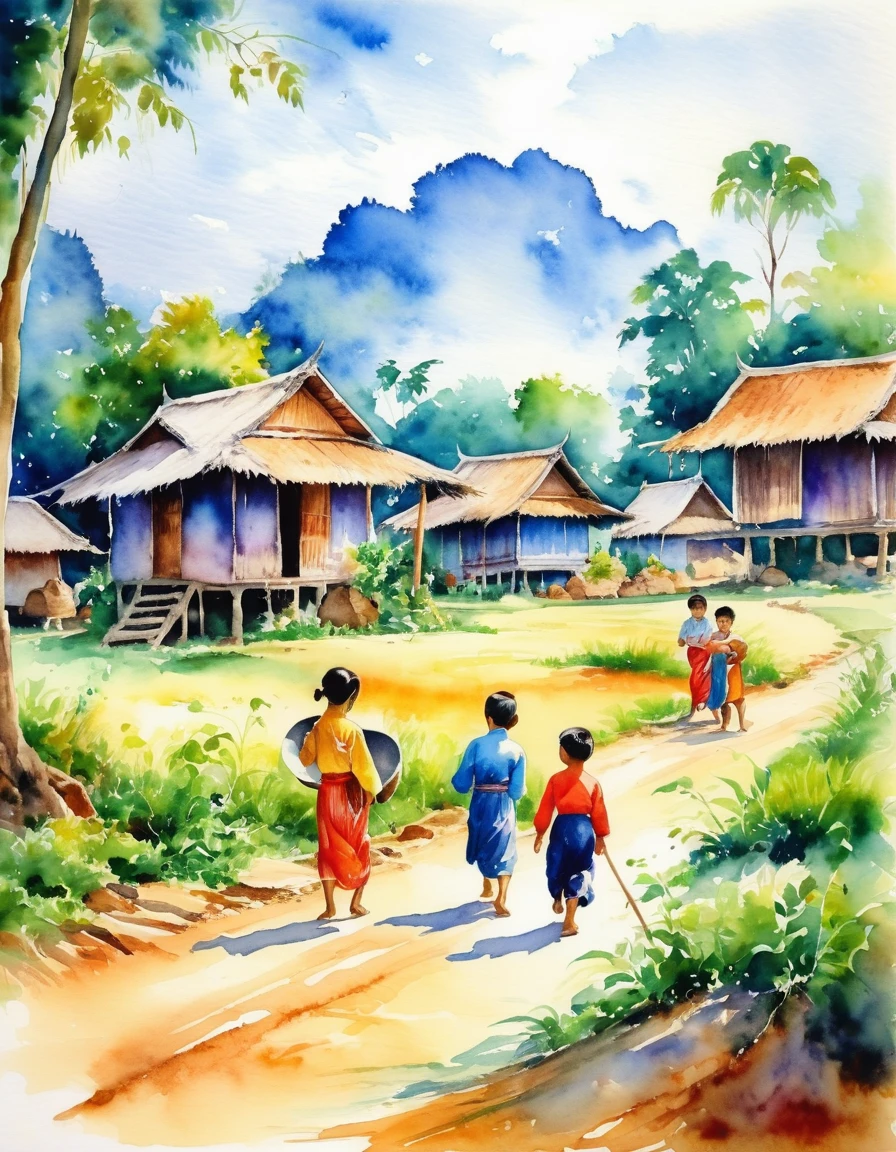 Atmosphere in a rural village in Thailand. Children playing. Ancient play in the year 1917. Nature in bright, clear, beautiful colors. Watercolor pictures.