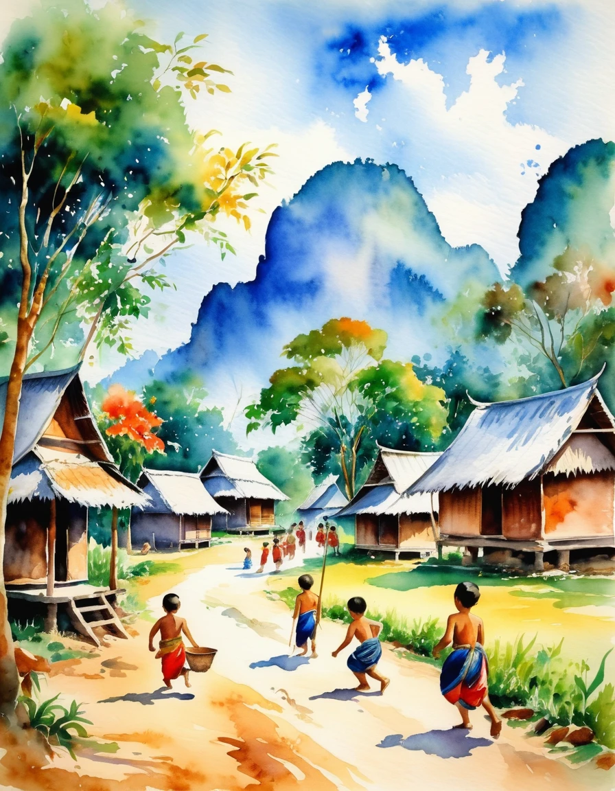 Atmosphere in a rural village in Thailand. Children playing. Ancient play in the year 1917. Nature in bright, clear, beautiful colors. Watercolor pictures.